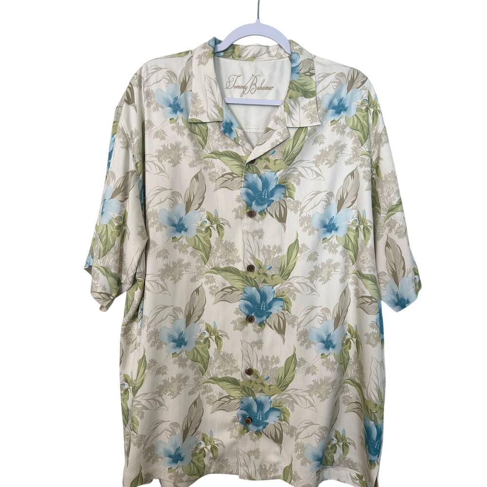 Tommy Bahama 100% Silk Short Sleeve Palm Tree Button Down Shirt Black/Green XL